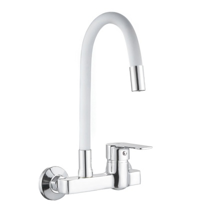 BATERIA KUCHENNA ŚCIENNA KRAN LARGO GIĘTKA BIAŁA WYLEWKA PODSTAWA CHROM