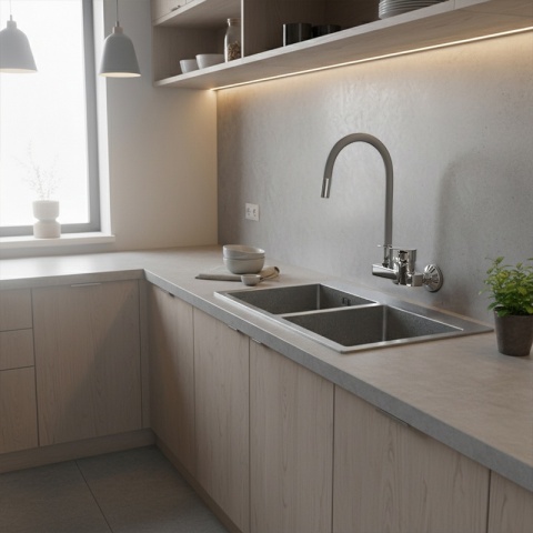 BATERIA KUCHENNA ŚCIENNA KRAN LARGO GIĘTKA SZARA WYLEWKA PODSTAWA CHROM