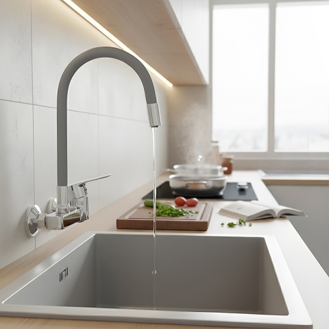 BATERIA KUCHENNA ŚCIENNA KRAN LARGO GIĘTKA SZARA WYLEWKA PODSTAWA CHROM