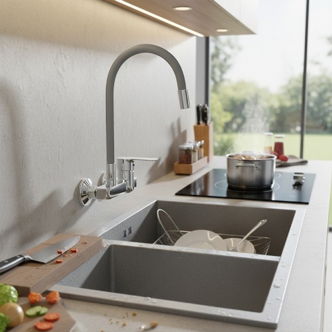 BATERIA KUCHENNA ŚCIENNA KRAN LARGO GIĘTKA SZARA WYLEWKA PODSTAWA CHROM