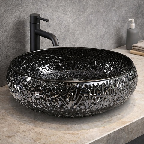 UMYWALKA NABLATOWA SZKLANA OKRĄGŁA FREZOWANA BRILLANT4-BL-410 CZARNY POŁYSK 40x12 CM