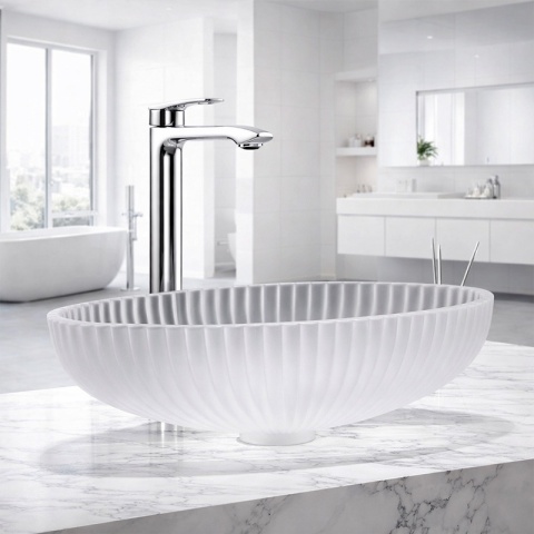 UMYWALKA NABLATOWA SZKLANA OWALNA RYFLOWANA BRILLANT3-WH-510 BIAŁY MAT 51x35 CM