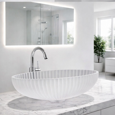 UMYWALKA NABLATOWA SZKLANA OWALNA RYFLOWANA BRILLANT3-WH-510 BIAŁY MAT 51x35 CM