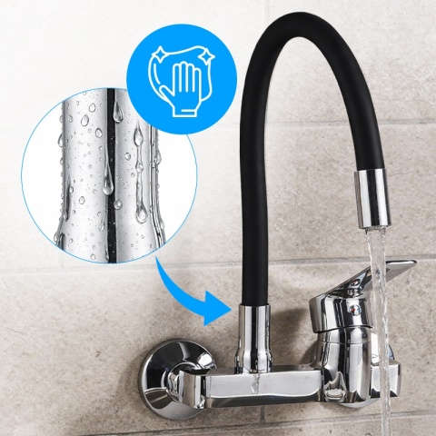 BATERIA KUCHENNA ŚCIENNA KRAN LARGO GIĘTKA CZARNA WYLEWKA PODSTAWA CHROM