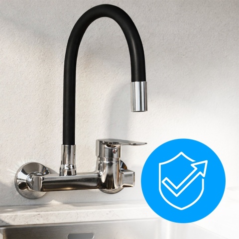 BATERIA KUCHENNA ŚCIENNA KRAN LARGO GIĘTKA CZARNA WYLEWKA PODSTAWA CHROM