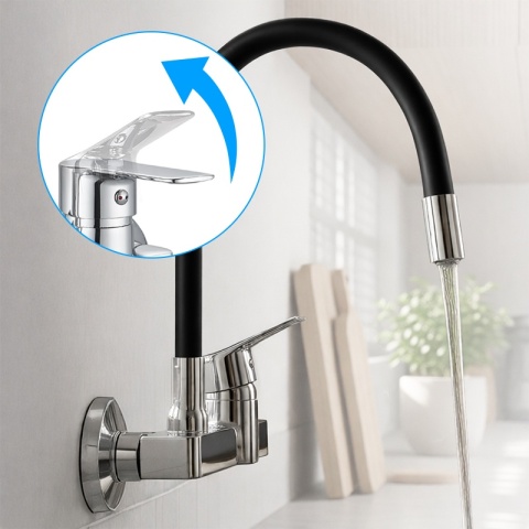 BATERIA KUCHENNA ŚCIENNA KRAN LARGO GIĘTKA CZARNA WYLEWKA PODSTAWA CHROM