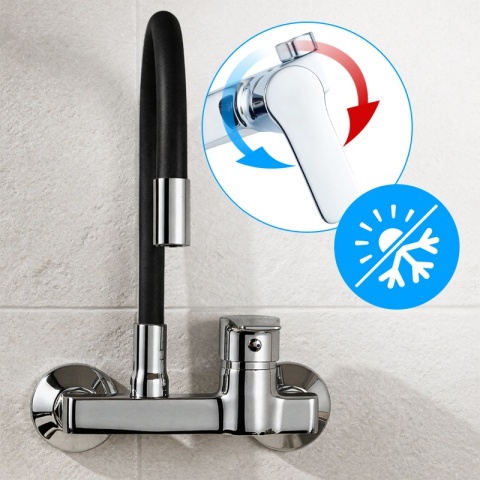 BATERIA KUCHENNA ŚCIENNA KRAN LARGO GIĘTKA CZARNA WYLEWKA PODSTAWA CHROM