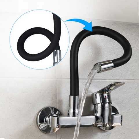 BATERIA KUCHENNA ŚCIENNA KRAN LARGO GIĘTKA CZARNA WYLEWKA PODSTAWA CHROM