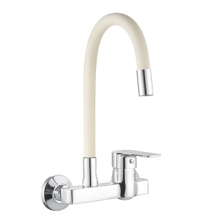 BATERIA KUCHENNA ŚCIENNA KRAN LARGO GIĘTKA KREMOWA WYLEWKA PODSTAWA CHROM