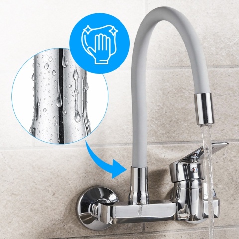 BATERIA KUCHENNA ŚCIENNA KRAN LARGO GIĘTKA SZARA WYLEWKA PODSTAWA CHROM