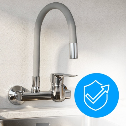 BATERIA KUCHENNA ŚCIENNA KRAN LARGO GIĘTKA SZARA WYLEWKA PODSTAWA CHROM