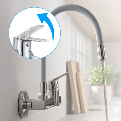 BATERIA KUCHENNA ŚCIENNA KRAN LARGO GIĘTKA SZARA WYLEWKA PODSTAWA CHROM