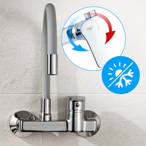 BATERIA KUCHENNA ŚCIENNA KRAN LARGO GIĘTKA SZARA WYLEWKA PODSTAWA CHROM