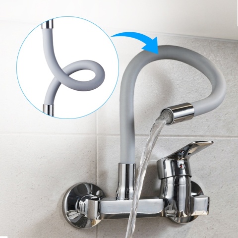 BATERIA KUCHENNA ŚCIENNA KRAN LARGO GIĘTKA SZARA WYLEWKA PODSTAWA CHROM