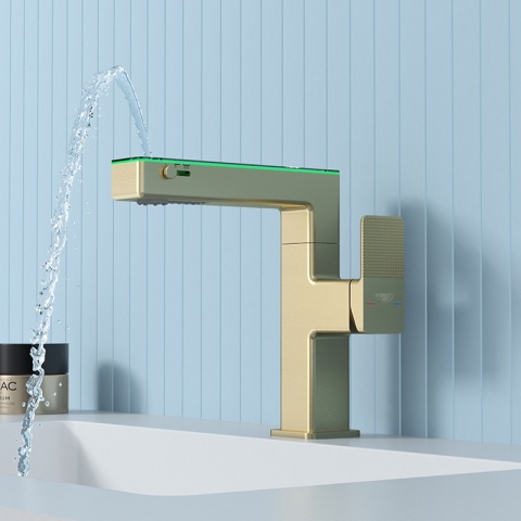 BATERIA UMYWALKOWA STOJĄCA ŁAZIENKOWA MEGI-GL-BR ZŁOTA SZCZOTKOWANA WYŚWIETLACZ LED