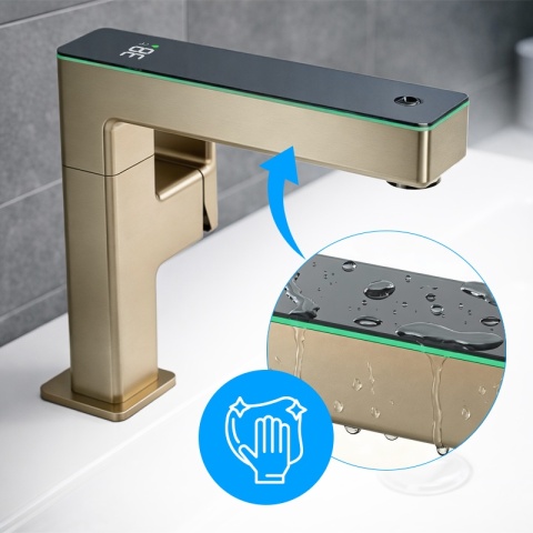 BATERIA UMYWALKOWA STOJĄCA ŁAZIENKOWA MEGI-GL-BR ZŁOTA SZCZOTKOWANA WYŚWIETLACZ LED