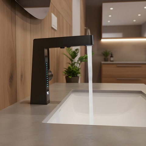 BATERIA UMYWALKOWA STOJĄCA ŁAZIENKOWA Z WYCIĄGANĄ WYLEWKĄ LIDIA-BL CZARNA LED