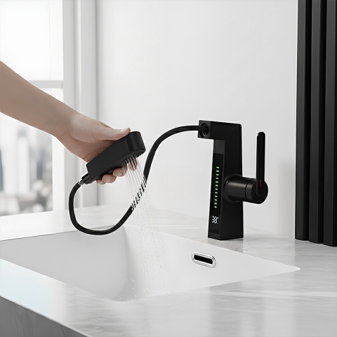 BATERIA UMYWALKOWA STOJĄCA ŁAZIENKOWA Z WYCIĄGANĄ WYLEWKĄ LIDIA-BL CZARNA LED