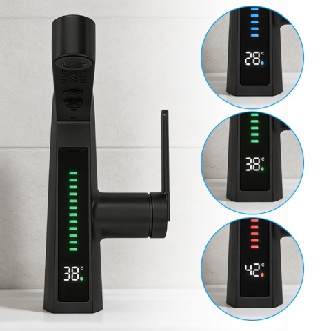 BATERIA UMYWALKOWA STOJĄCA ŁAZIENKOWA Z WYCIĄGANĄ WYLEWKĄ LIDIA-BL CZARNA LED