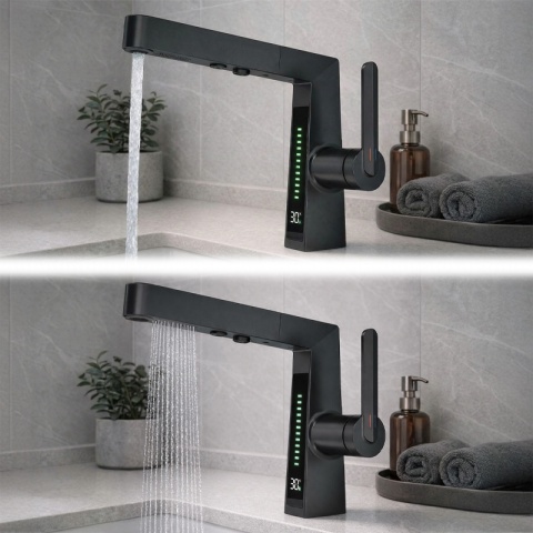 BATERIA UMYWALKOWA STOJĄCA ŁAZIENKOWA Z WYCIĄGANĄ WYLEWKĄ LIDIA-BL CZARNA LED