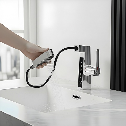 BATERIA UMYWALKOWA STOJĄCA ŁAZIENKOWA Z WYCIĄGANĄ WYLEWKĄ LIDIA-CH CHROM LED