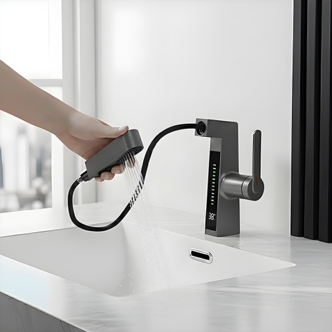 BATERIA UMYWALKOWA STOJĄCA ŁAZIENKOWA Z WYCIĄGANĄ WYLEWKĄ LIDIA-GR SZARA LED