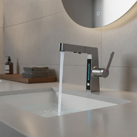 BATERIA UMYWALKOWA STOJĄCA ŁAZIENKOWA Z WYCIĄGANĄ WYLEWKĄ LIDIA-GR SZARA LED