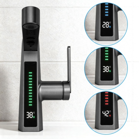 BATERIA UMYWALKOWA STOJĄCA ŁAZIENKOWA Z WYCIĄGANĄ WYLEWKĄ LIDIA-GR SZARA LED