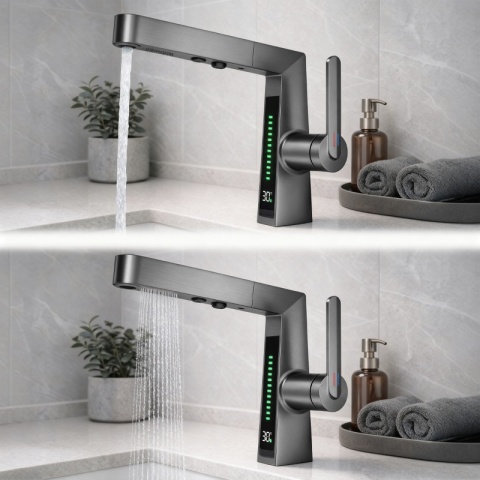 BATERIA UMYWALKOWA STOJĄCA ŁAZIENKOWA Z WYCIĄGANĄ WYLEWKĄ LIDIA-GR SZARA LED