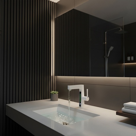 BATERIA UMYWALKOWA STOJĄCA ŁAZIENKOWA Z WYCIĄGANĄ WYLEWKĄ LIDIA-WH BIAŁA LED