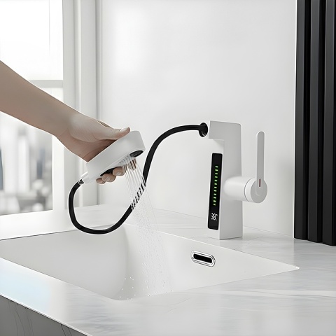 BATERIA UMYWALKOWA STOJĄCA ŁAZIENKOWA Z WYCIĄGANĄ WYLEWKĄ LIDIA-WH BIAŁA LED