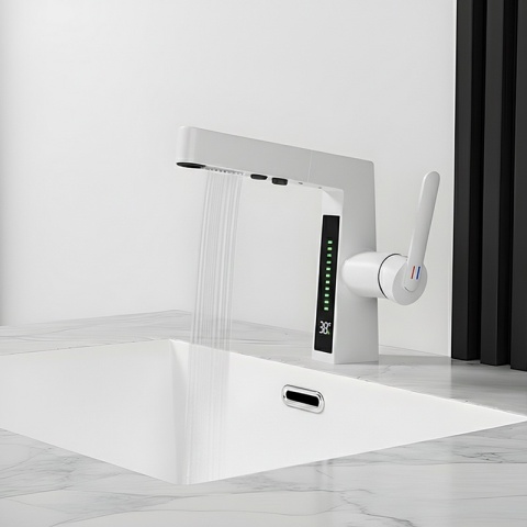 BATERIA UMYWALKOWA STOJĄCA ŁAZIENKOWA Z WYCIĄGANĄ WYLEWKĄ LIDIA-WH BIAŁA LED