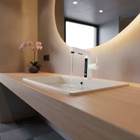 BATERIA UMYWALKOWA STOJĄCA ŁAZIENKOWA Z WYCIĄGANĄ WYLEWKĄ LIDIA-WH BIAŁA LED