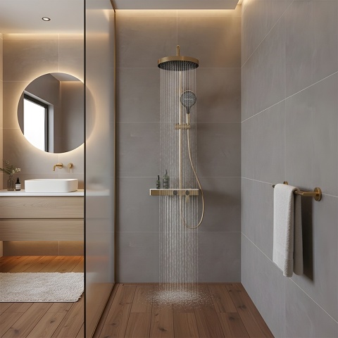 BATERIA PRYSZNICOWA ŁAZIENKOWA Z DESZCZOWNICĄ NATRYSKOWA ANDREA-GL-BR ZŁOTA SZCZOTKOWANA