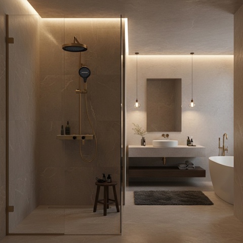 BATERIA PRYSZNICOWA ŁAZIENKOWA Z DESZCZOWNICĄ NATRYSKOWA ANDREA-GL-BR ZŁOTA SZCZOTKOWANA