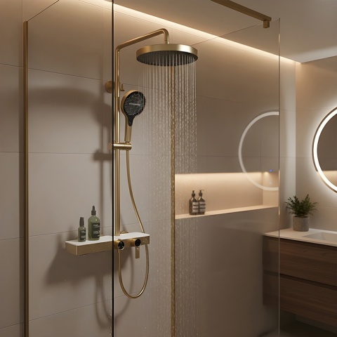 BATERIA PRYSZNICOWA ŁAZIENKOWA Z DESZCZOWNICĄ NATRYSKOWA ANDREA-GL-BR ZŁOTA SZCZOTKOWANA