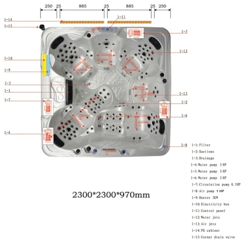 JACUZZI OGRODOWE WANNA SPA703A NIEBIESKA FALA OCEANU OBUDOWA ANTRACYT 230x230 CM