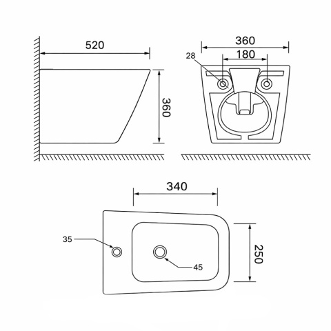 BIDET ŁAZIENKOWY PODWIESZANY WISZĄCY CERAMICZNY PROSTOKĄTNY BIAŁY BID-RAIN-WH 52 CM