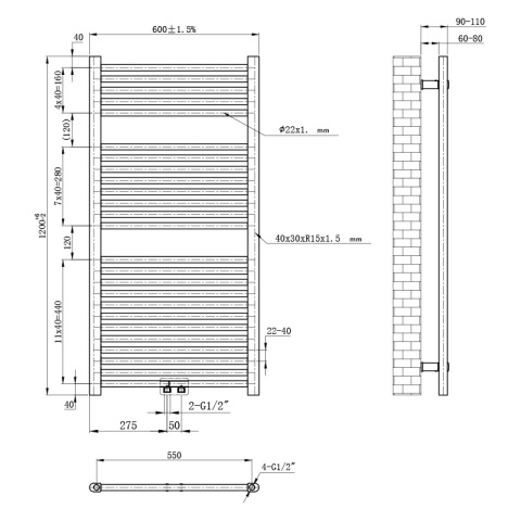 GRZEJNIK ŁAZIENKOWY ŚCIENNY PIONOWY WODNY DRABINKA 120x60 CORSO-WH-1 BIAŁY