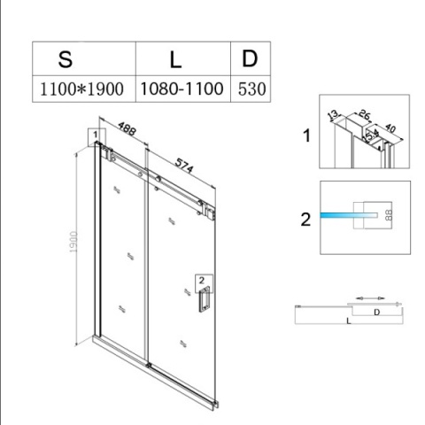 DRZWI PRYSZNICOWE Z BRODZIKIEM SH03C/ST05D CHROM/BIAŁY 105-110/110x70 CM 8 MM