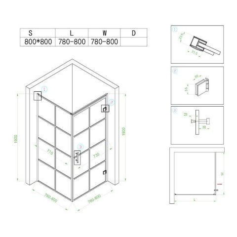 KABINA PRYSZNICOWA KWADRATOWA BS10A CZARNA 80x80 CM