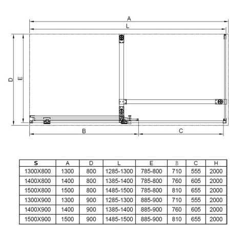 KABINA PRYSZNICOWA PROSTOKĄTNA ASTRA-CH-A-130+B80+E CHROM 130X80 CM 8 MM