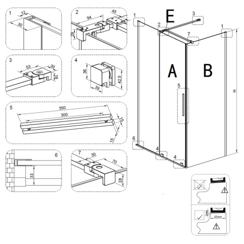 KABINA PRYSZNICOWA PROSTOKĄTNA ASTRA-CH-A-130+B80+E CHROM 130X80 CM 8 MM