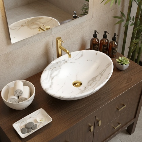 UMYWALKA NABLATOWA CERAMICZNA OWALNA LUMO-MAR1-530 BIAŁY MARMUR MAT 53x33 CM