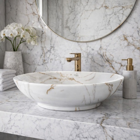 UMYWALKA NABLATOWA CERAMICZNA OWALNA LUMO-MAR1-530 BIAŁY MARMUR MAT 53x33 CM