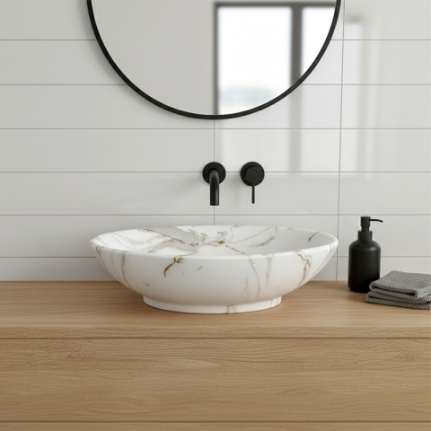 UMYWALKA NABLATOWA CERAMICZNA OWALNA LUMO-MAR1-530 BIAŁY MARMUR MAT 53x33 CM