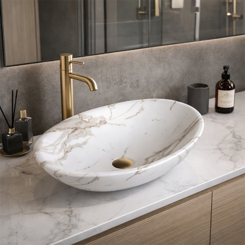 UMYWALKA NABLATOWA CERAMICZNA OWALNA LUMO-MAR1-530 BIAŁY MARMUR MAT 53x33 CM