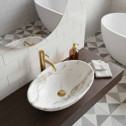 UMYWALKA NABLATOWA CERAMICZNA OWALNA LUMO-MAR1-530 BIAŁY MARMUR MAT 53x33 CM