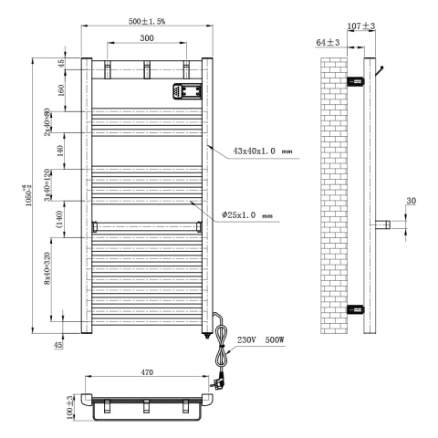 GRZEJNIK ŁAZIENKOWY ELEKTRYCZNY ALUMINIOWY DRABINKA ECO 500W Z WIESZAKAMI BIAŁY YASUR-WH
