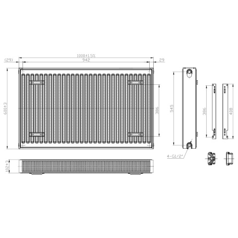 GRZEJNIK PŁYTOWY STALOWY ŚCIENNY PANELOWY CO TYP 22 PODŁĄCZENIE BOCZNE 60x100 CALOR-WH-2 BIAŁY